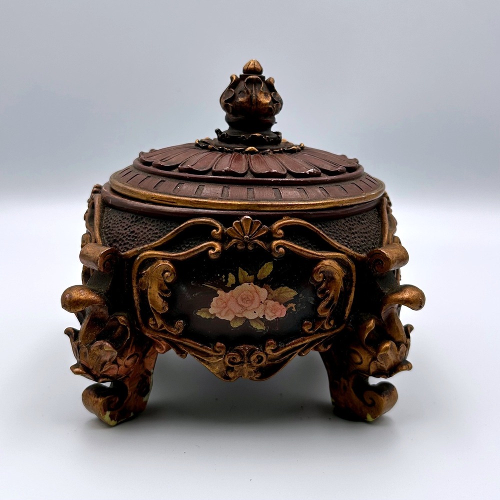 Vintage Footed Trinket Box Bronze Gold Tone Floral Rose Jewelry Keepsake Dish